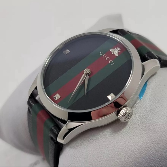 Gucci G-Timeless SWISS Quartz Green and Red Black Leather Strap Watch YA1264079 - Picture 6 of 7